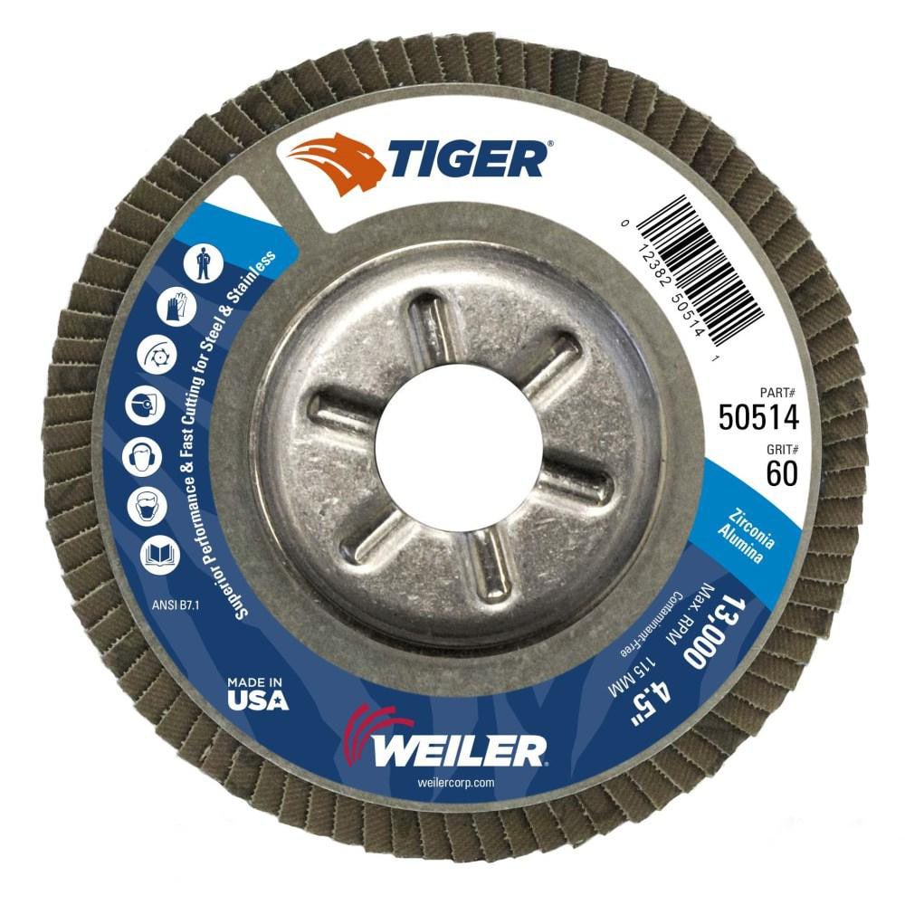 Flap Disc: 4-1/2" Dia, 7/8" Hole, 60 Grit, Zirconia Alumina, Type 29