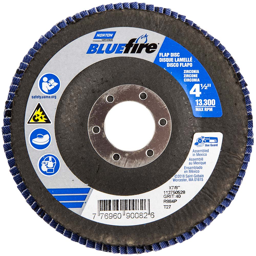Flap Disc: 4-1/2" Dia, 7/8" Hole, 40 Grit, Zirconia Alumina, Type 27