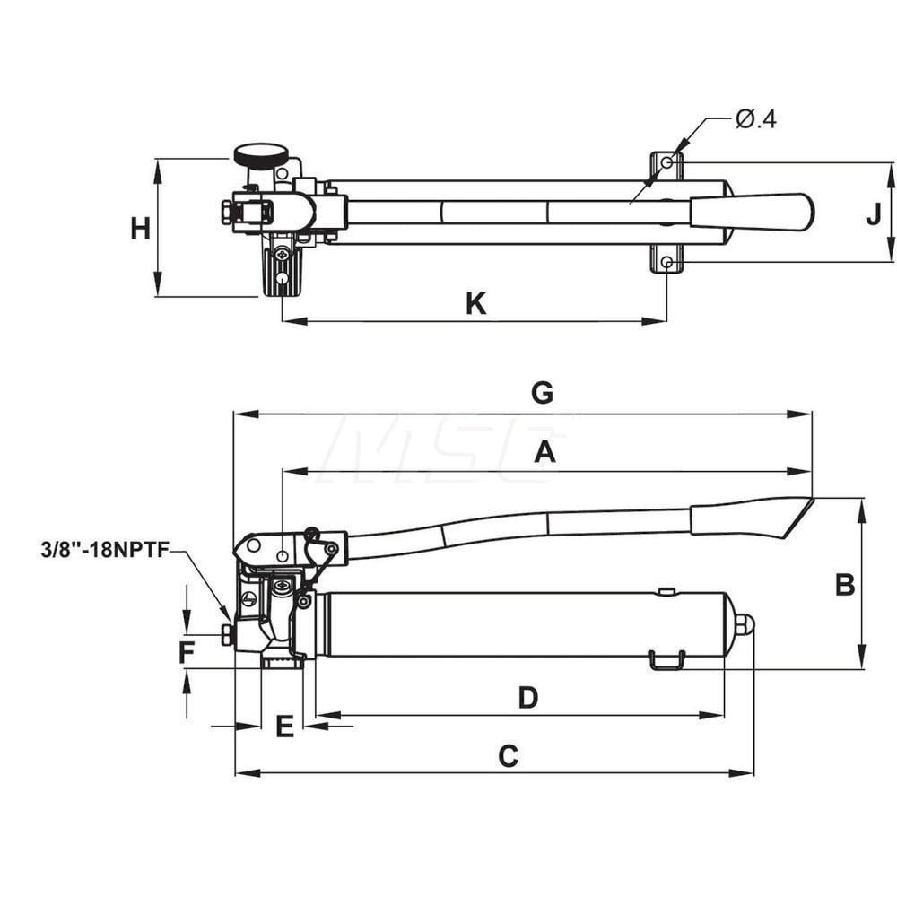 Manual Hydraulic Pumps; Number Of Stages: 2; Piston Diameter (Decimal Inch): 0.4; Port Size: 3/8 NPTF; Maximum Handle Effort: 100; 1st Stage Pressure Rating: 200; 2nd Stage Pressure Rating: 10000; Orientation: Horizontal; Stroke Length: 20