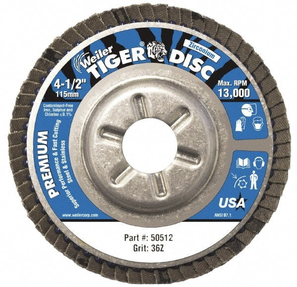 Flap Disc: 4-1/2" Dia, 7/8" Hole, 36 Grit, Zirconia Alumina, Type 29