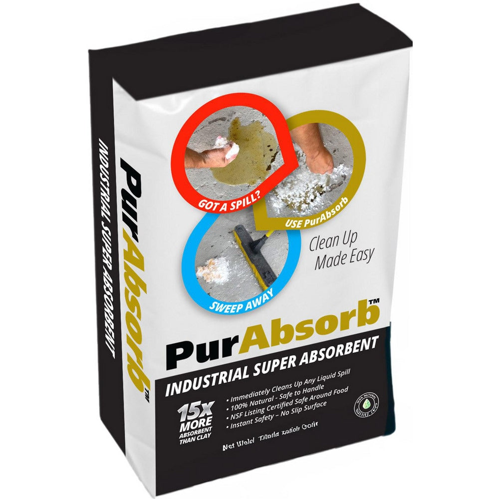 Absorbent: 10 lb Bag, Particulate, Absorbs more liquid than any other product on the market. PurAbsorb instantly begins absorbing any liquid spill on contact. Spills are absorbed leaving a dry no slip surface.