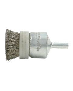 3/4″ Diameter × 1/4″ Shank Diameter × 7/8″ Trim Length, 0.014″ Crimped Bristle, Stainless Steel, Solid End - Banded Brush