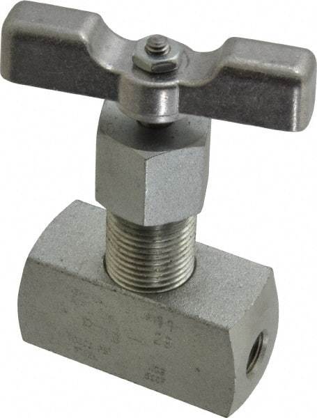 Made in USA - 1/8" Pipe, Inline Hard Seat Needle Valve - FNPT x FNPT Ends, Alloy Valve, 10,000 Max psi - USA Tool & Supply