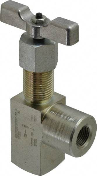 Made in USA - 3/8" Pipe, Angled Hard Seat Needle Valve - FNPT x FNPT Ends, Alloy Valve, 10,000 Max psi - USA Tool & Supply