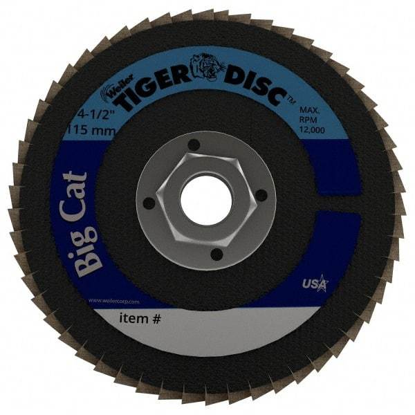 Weiler - 40 Grit, 4-1/2" Disc Diam, 5/8-11 Center Hole, Type 27 Zirconia Alumina Flap Disc - 12,000 Max RPM, Phenolic Backing, Arbor Attaching System, Coated - USA Tool & Supply