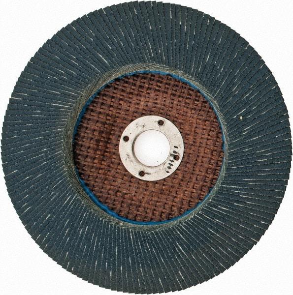 Weiler - 120 Grit, 7" Disc Diam, 7/8" Center Hole, Type 27 Zirconia Alumina Flap Disc - 8,600 Max RPM, Phenolic Backing, Arbor Attaching System, Coated - USA Tool & Supply