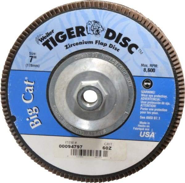 Weiler - 60 Grit, 7" Disc Diam, 5/8-11 Center Hole, Type 27 Zirconia Alumina Flap Disc - 8,600 Max RPM, Phenolic Backing, Arbor Attaching System, Coated - USA Tool & Supply