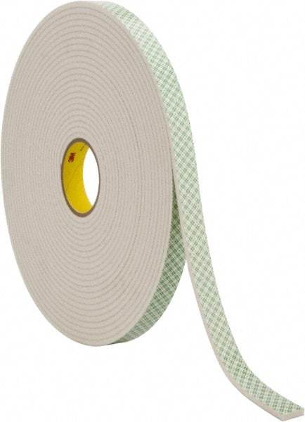 3M - 1" x 18 Yd Acrylic Adhesive Double Sided Tape - 1/4" Thick, Off-White, Urethane Foam Liner, Continuous Roll, Series 4004 - USA Tool & Supply
