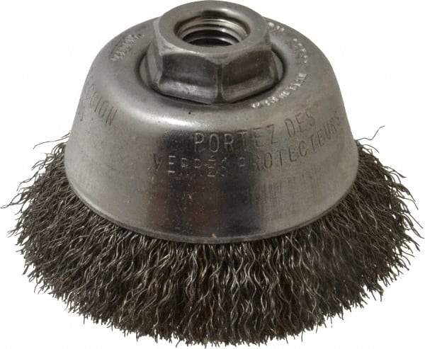 Osborn - 3-1/2" Diam, 5/8-11 Threaded Arbor, Steel Fill Cup Brush - 0.0118 Wire Diam, 1" Trim Length, 7,500 Max RPM - USA Tool & Supply