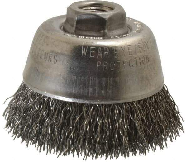 Osborn - 3-1/2" Diam, 5/8-11 Threaded Arbor, Steel Fill Cup Brush - 0.02 Wire Diam, 1" Trim Length, 7,500 Max RPM - USA Tool & Supply
