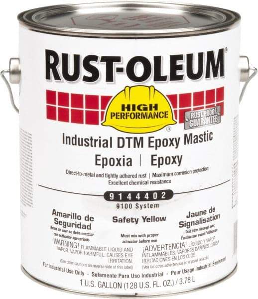 Rust-Oleum - 1 Gal Gloss Safety Yellow Epoxy Mastic - 100 to 225 Sq Ft/Gal Coverage, <340 g/L VOC Content, Direct to Metal - USA Tool & Supply