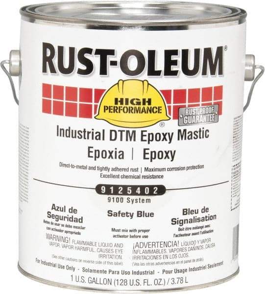 Rust-Oleum - 1 Gal Gloss Safety Blue Epoxy Mastic - 100 to 225 Sq Ft/Gal Coverage, <340 g/L VOC Content, Direct to Metal - USA Tool & Supply