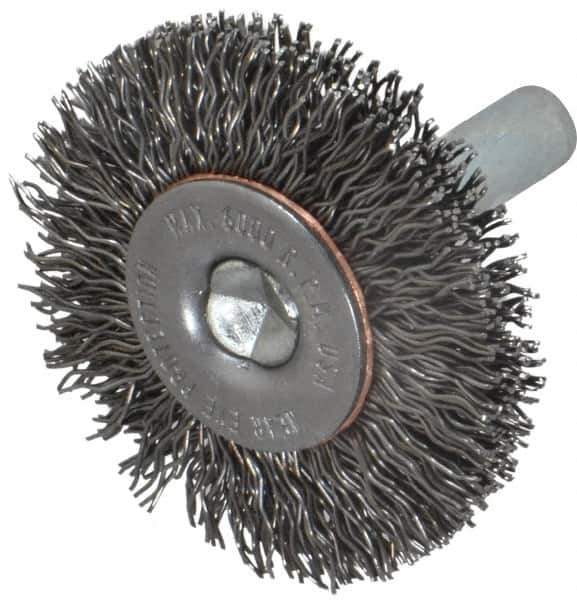 Made in USA - 1-1/2" OD, 1/4" Shank Diam, Crimped Steel Wheel Brush - 1/4" Face Width, 0.014" Filament Diam, 6,000 RPM - USA Tool & Supply
