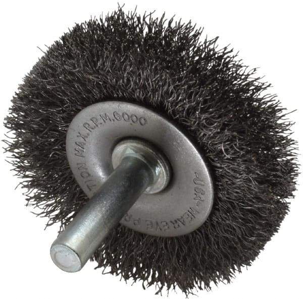 Made in USA - 2" OD, 1/4" Shank Diam, Crimped Steel Wheel Brush - 1/4" Face Width, 0.008" Filament Diam, 6,000 RPM - USA Tool & Supply