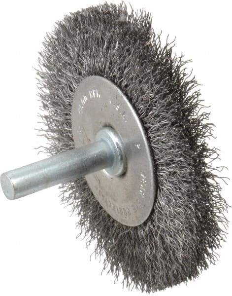 Made in USA - 2-1/2" OD, 1/4" Shank Diam, Crimped Steel Wheel Brush - 1/4" Face Width, 0.008" Filament Diam, 20,000 RPM - USA Tool & Supply