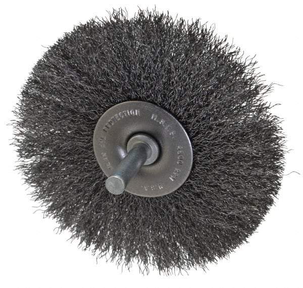 Made in USA - 3-1/2" OD, 1/4" Shank Diam, Crimped Steel Wheel Brush - 1/4" Face Width, 0.008" Filament Diam, 4,500 RPM - USA Tool & Supply