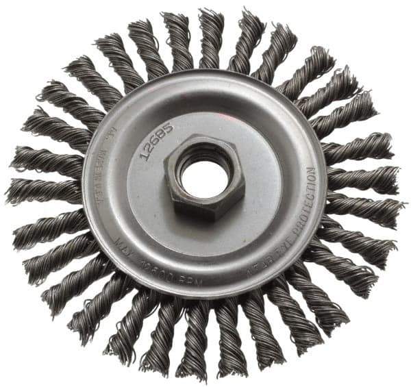 Anderson - 4-1/2" OD, 5/8-11 Arbor Hole, Knotted Steel Wheel Brush - 1/4" Face Width, 13/16" Trim Length, 0.02" Filament Diam, 12,500 RPM - USA Tool & Supply