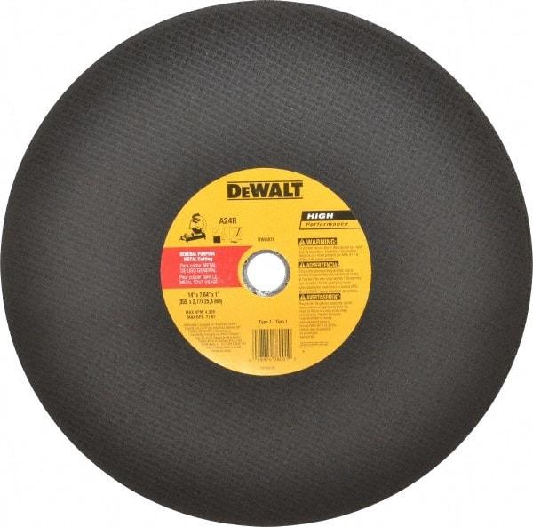 DeWALT - 14" Aluminum Oxide Cutoff Wheel - 7/64" Thick, 1" Arbor, 4,300 Max RPM, Use with Stationary Tools - USA Tool & Supply