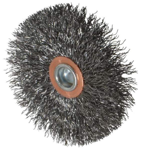 Weiler - 3" OD, 1/4" Shank Diam, Crimped Steel Wheel Brush - 1/2" Face Width, 1" Trim Length, 0.0118" Filament Diam, 20,000 RPM - USA Tool & Supply