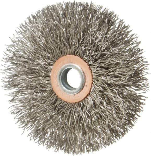 Weiler - 3" OD, 1/4" Shank Diam, Crimped Stainless Steel Wheel Brush - 1/2" Face Width, 1" Trim Length, 0.014" Filament Diam, 20,000 RPM - USA Tool & Supply