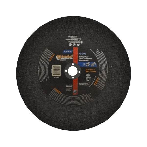 Norton - 12" Aluminum Oxide Cutoff Wheel - 1/8" Thick, 1" Arbor, 5,095 Max RPM, Use with Stationary Tools - USA Tool & Supply