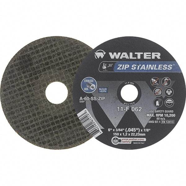 WALTER Surface Technologies - 6" Aluminum Oxide Cutoff Wheel - 3/64" Thick, 7/8" Arbor, 10,200 Max RPM, Use with Die Grinders - USA Tool & Supply