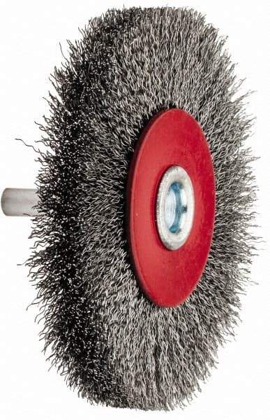 Value Collection - 3-1/16" OD, 1/4" Shank Diam, Crimped Steel Wheel Brush - 1/2" Face Width, 9/16" Trim Length, 0.008" Filament Diam, 12,000 RPM - USA Tool & Supply