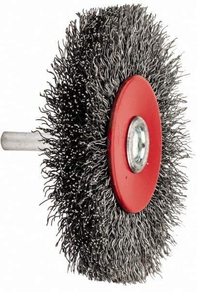 Value Collection - 3-1/16" OD, 1/4" Shank Diam, Crimped Steel Wheel Brush - 1/2" Face Width, 3/4" Trim Length, 0.015" Filament Diam, 12,000 RPM - USA Tool & Supply