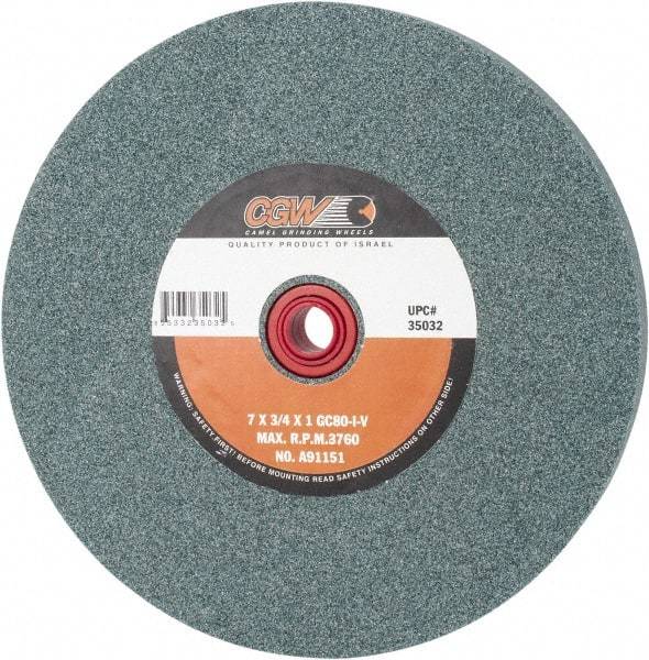 Camel Grinding Wheels - 80 Grit Silicon Carbide Bench & Pedestal Grinding Wheel - 7" Diam x 1" Hole x 3/4" Thick, 3760 Max RPM, I Hardness, Medium Grade , Vitrified Bond - USA Tool & Supply