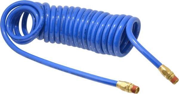 Coilhose Pneumatics - 3/8" ID, 3/8 Thread, 20' Long, Blue Polyurethane Coiled & Self Storing Hose - 115 Max psi, Male Swivel x Male Swivel - USA Tool & Supply