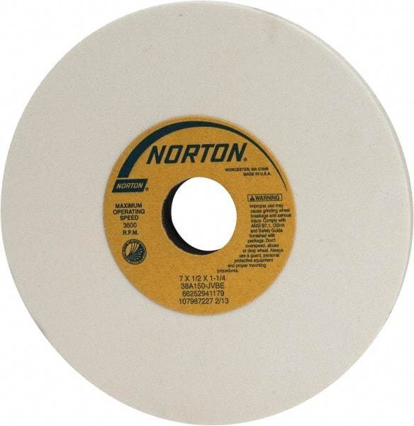 Norton - 7" Diam x 1-1/4" Hole x 1/2" Thick, J Hardness, 150 Grit Surface Grinding Wheel - Aluminum Oxide, Type 1, Very Fine Grade, 3,600 Max RPM, Vitrified Bond, No Recess - USA Tool & Supply