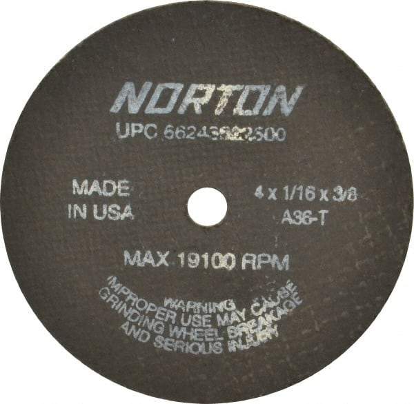 Norton - 4" 36 Grit Aluminum Oxide Cutoff Wheel - 1/16" Thick, 3/8" Arbor, 19,100 Max RPM, Use with Die Grinders - USA Tool & Supply