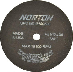Norton - 4" 36 Grit Aluminum Oxide Cutoff Wheel - 1/16" Thick, 3/8" Arbor, 19,100 Max RPM, Use with Die Grinders - USA Tool & Supply