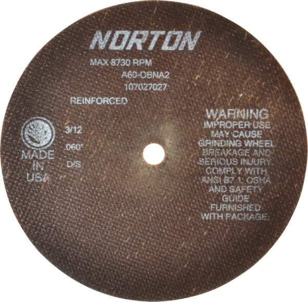 Norton - 7" 60 Grit Aluminum Oxide Cutoff Wheel - 0.06" Thick, 1/2" Arbor, 8,730 Max RPM, Use with Stationary Grinders - USA Tool & Supply