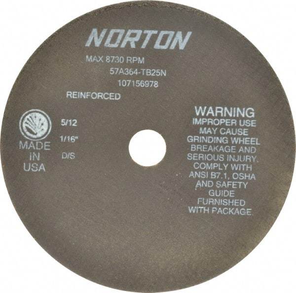 Norton - 7" 36 Grit Aluminum Oxide Cutoff Wheel - 1/16" Thick, 7/8" Arbor, 8,730 Max RPM, Use with Stationary Grinders - USA Tool & Supply