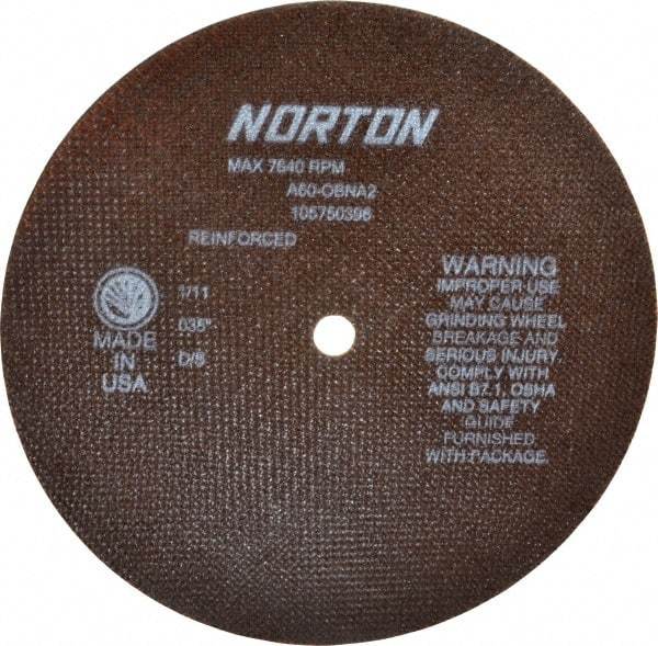 Norton - 8" 60 Grit Aluminum Oxide Cutoff Wheel - 0.035" Thick, 1/2" Arbor, 7,640 Max RPM, Use with Stationary Grinders - USA Tool & Supply
