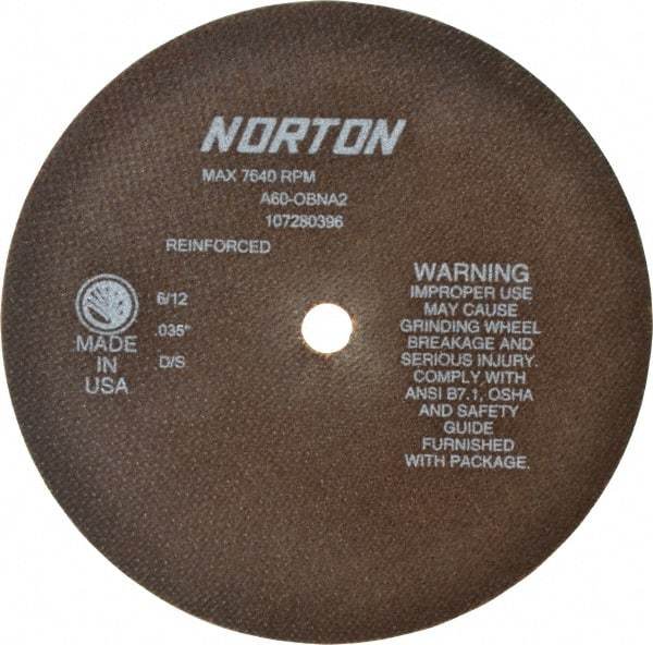 Norton - 8" 60 Grit Aluminum Oxide Cutoff Wheel - 0.035" Thick, 5/8" Arbor, 7,640 Max RPM, Use with Circular Saws - USA Tool & Supply