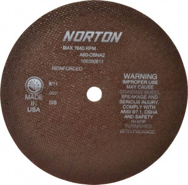 Norton - 8" 60 Grit Aluminum Oxide Cutoff Wheel - 0.06" Thick, 5/8" Arbor, 7,640 Max RPM, Use with Circular Saws - USA Tool & Supply