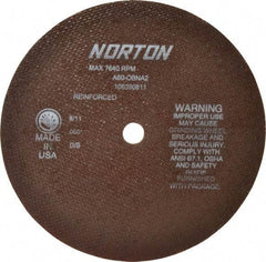 Norton - 8" 60 Grit Aluminum Oxide Cutoff Wheel - 0.06" Thick, 5/8" Arbor, 7,640 Max RPM, Use with Circular Saws - USA Tool & Supply
