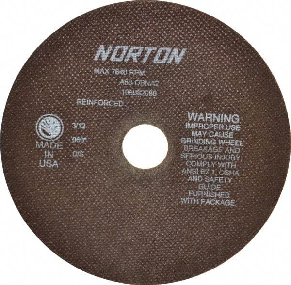 Norton - 8" 60 Grit Aluminum Oxide Cutoff Wheel - 0.06" Thick, 1-1/4" Arbor, 7,640 Max RPM, Use with Stationary Grinders - USA Tool & Supply