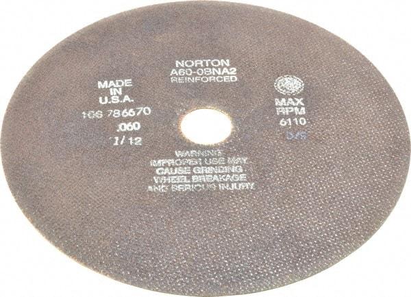Norton - 10" 60 Grit Aluminum Oxide Cutoff Wheel - 0.06" Thick, 1-1/4" Arbor, 6,110 Max RPM, Use with Stationary Grinders - USA Tool & Supply