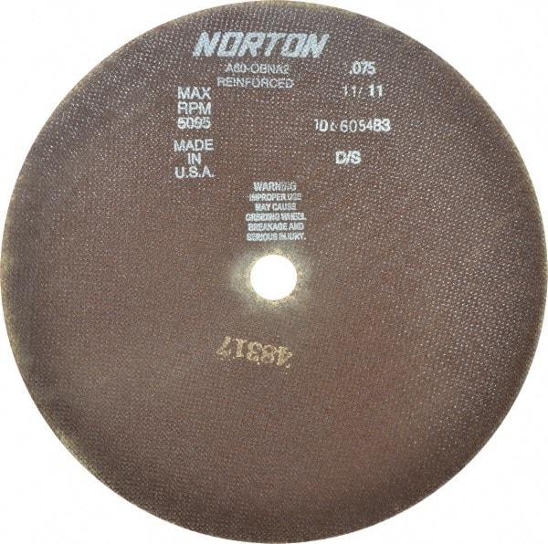 Norton - 12" 60 Grit Aluminum Oxide Cutoff Wheel - 0.075" Thick, 1" Arbor, 5,095 Max RPM, Use with Stationary Grinders - USA Tool & Supply