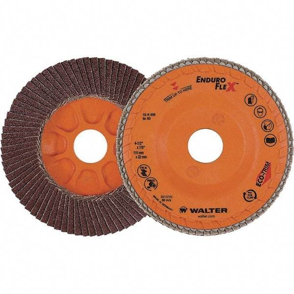 WALTER Surface Technologies - 60 Grit, 4-1/2" Disc Diam, 7/8" Center Hole, Zirconia Alumina Flap Disc - 13,300 Max RPM, Plastic Backing, Arbor Attaching System, Coated - USA Tool & Supply