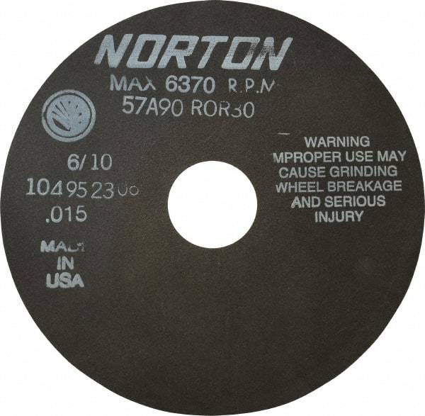 Norton - 6" 90 Grit Aluminum Oxide Cutoff Wheel - 0.015" Thick, 1-1/4" Arbor, 6,370 Max RPM, Use with Stationary Tools - USA Tool & Supply
