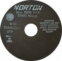 Norton - 6" 90 Grit Aluminum Oxide Cutoff Wheel - 0.015" Thick, 1-1/4" Arbor, 6,370 Max RPM, Use with Stationary Tools - USA Tool & Supply