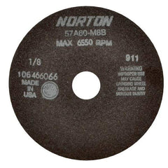 Norton - 7" 60 Grit Aluminum Oxide Cutoff Wheel - 1/8" Thick, 1-1/4" Arbor, 6,550 Max RPM, Use with Stationary Tools - USA Tool & Supply
