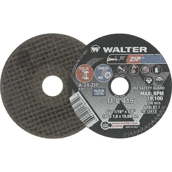 WALTER Surface Technologies - 4" 24 Grit Aluminum Oxide Cutoff Wheel - 1/16" Thick, 5/8" Arbor, 19,100 Max RPM, Use with Die Grinders - USA Tool & Supply