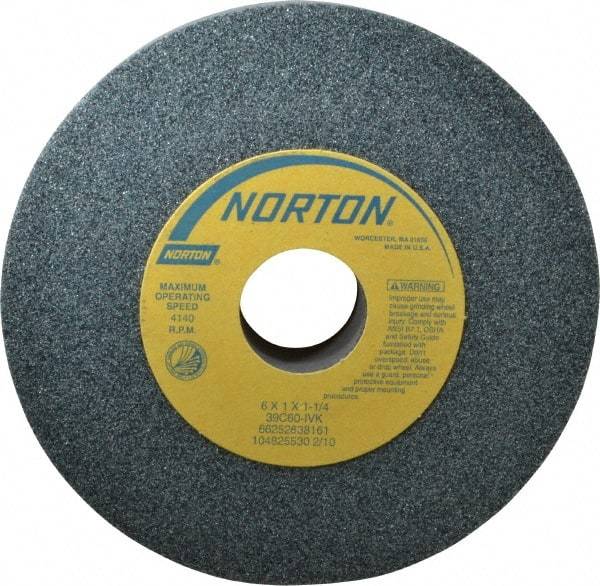 Norton - 6" Diam x 1-1/4" Hole x 1" Thick, I Hardness, 60 Grit Surface Grinding Wheel - Silicon Carbide, Type 1, Medium Grade, 4,140 Max RPM, Vitrified Bond, No Recess - USA Tool & Supply