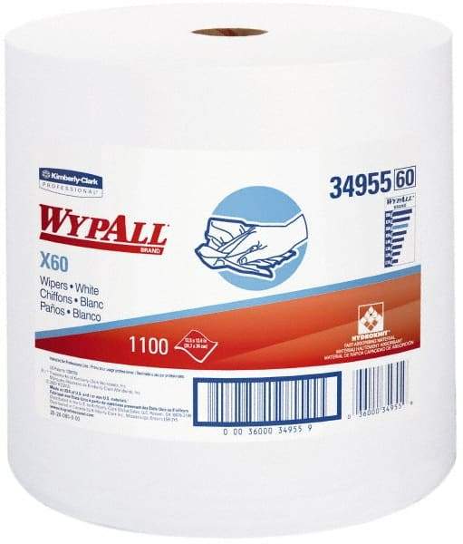 WypAll - X60 Dry Shop Towel/Industrial Wipes - Jumbo Roll, 13-3/8" x 12-5/8" Sheet Size, White - USA Tool & Supply