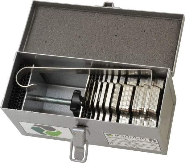 Made in USA - 90 Piece, 0.001 to 0.125 Inch Thickness, Stainless Steel Slotted Shim Assortment - 2 Inch Long x 2 Inch Wide, 5/8 Inch Wide Slot - USA Tool & Supply